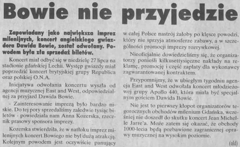 david bowie w polsce gdańsk stadion lechii 1997 gazeta o odwołanym koncercie