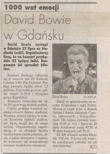 david bowie w polsce gdańsk stadion lechii 1997 zapowiedź w gazecie