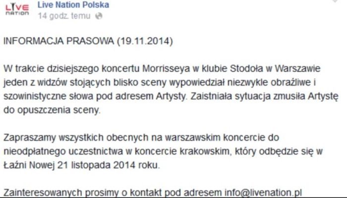 ogłoszenie organizatora po odwołanym koncercie morrisseya w warszawie